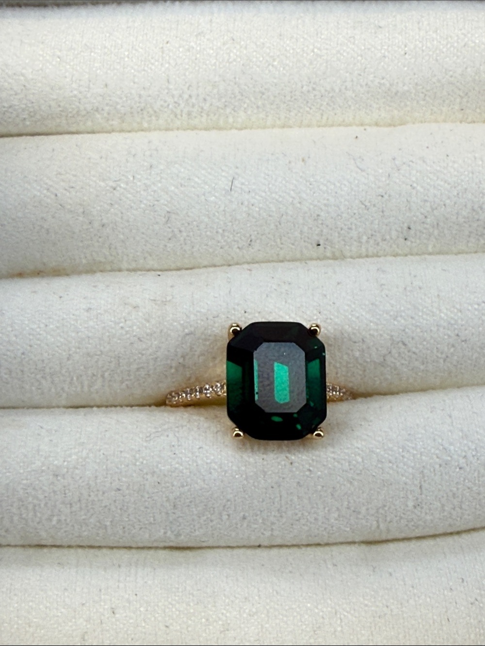 Emerald-Cut Green Stone Halo Ring - Gold Tone
